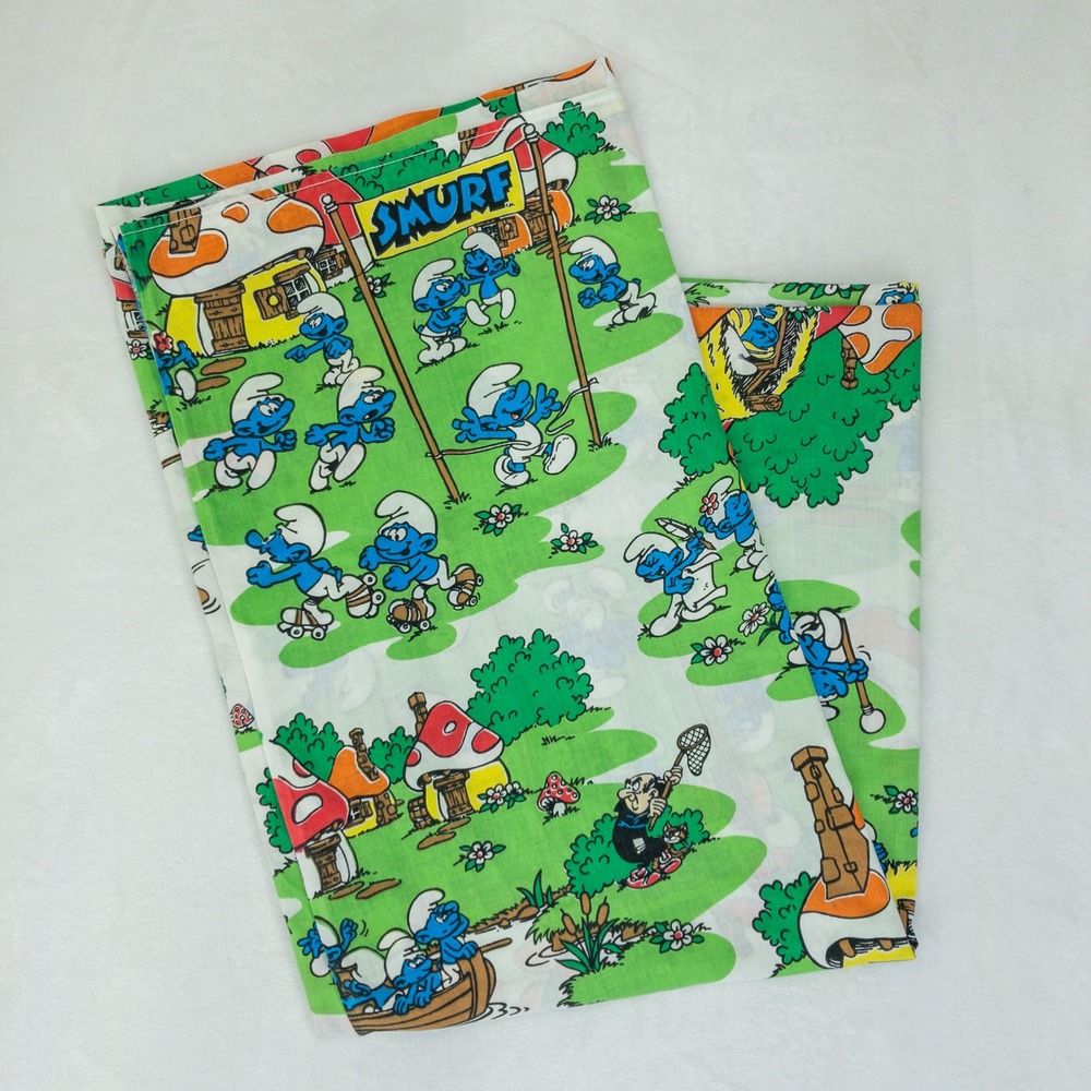Vintage Smurfs Flat Sheet Kids Twin Green 80s USA Cartoon Village Print Bedding